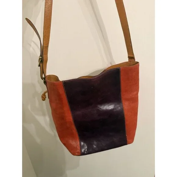 Furla vintage leather tote purse used purple orange color block bag - Picture 2 of 15